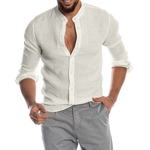 Cotton Linen Men Long-Sleeved Shirts Stand-Up Collar Blouse