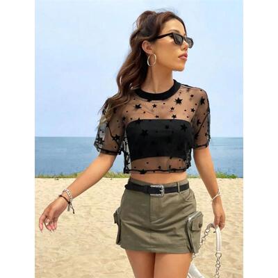 Summer Outfits Star Print Drop Shoulder Crop Mesh Top Withou