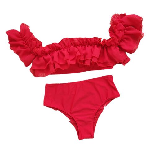 High Waist Bikini 2025 Solid Color Shoulder Print Swimwear E