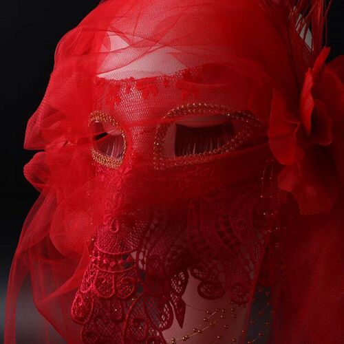 Mask Lace Mesh Tassel Big Red Flower Decoration Full Face