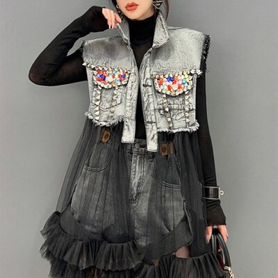 Vefadisa 2023 Spring Summer Lapel Sleeveless Denim Vest Coat