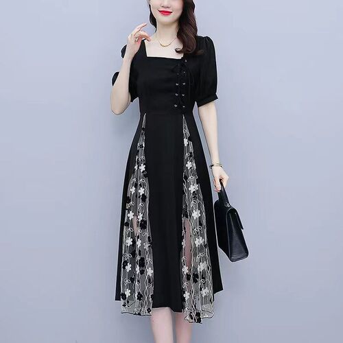 Hepburn Style Mesh Stitching Dress Large Size Womens Summer