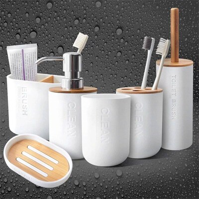 Bamboo Soap Dispenser Toothbrush Holder Bathroom Accessories