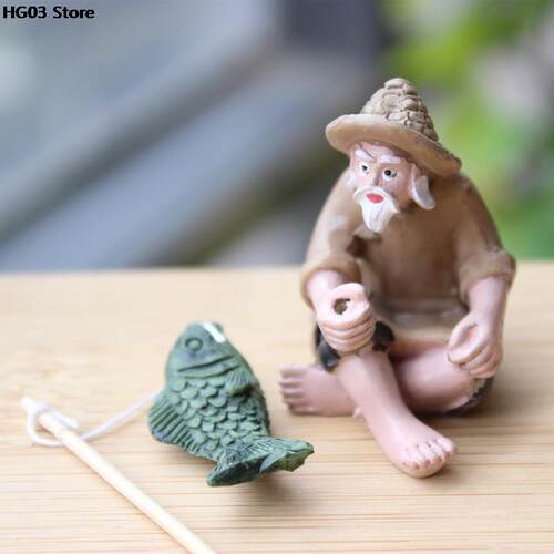 1PC Fishing Old Man Resin Figure Statue Sitting Garden Ornam