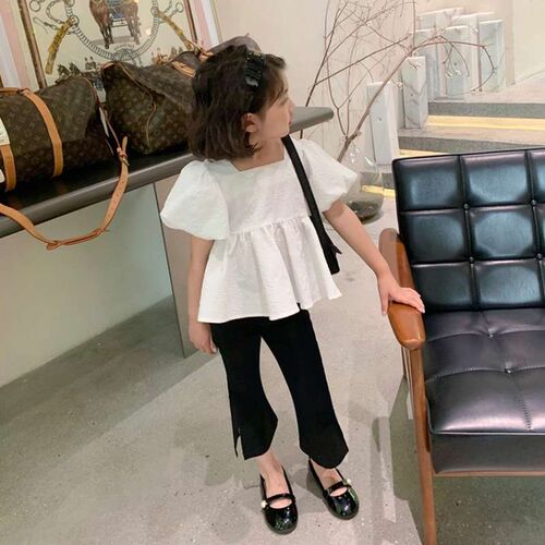 Girls Suit Sweet Square Collar Bubble Backless Top with Sid