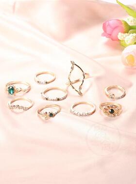 。Fashion Diamond Emerald joint ring 9-piece combination set