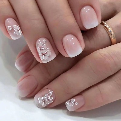 24pcs Short Square False Nails Glitter Flower Wave French Fa
