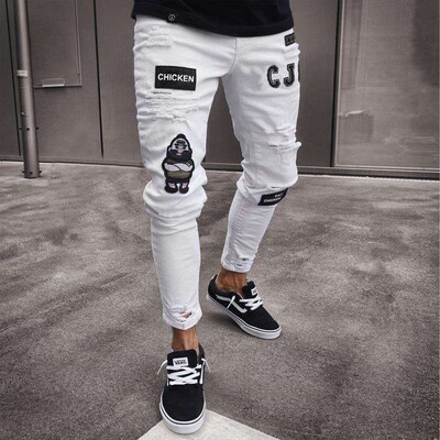 Mens Skinny Jeans Embroidered Ripped Leggings