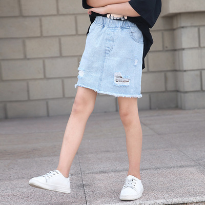 Girls denim skirt cotton half skirt, hole denim skirt, Kore