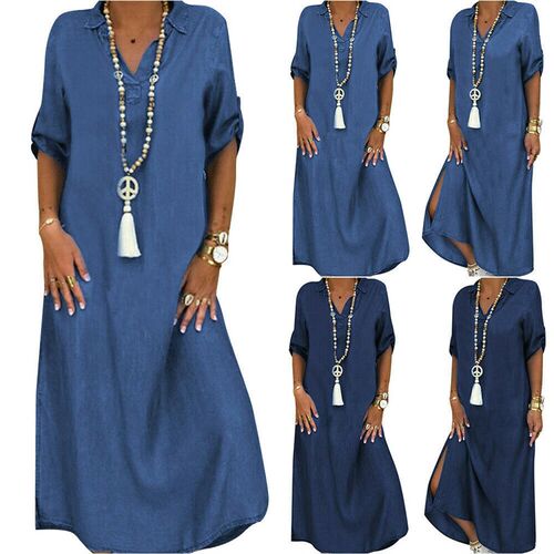 2025 Plus Size Womens Denim Dress Solid lor Plus Size Dress