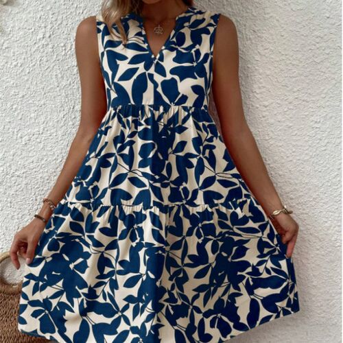 Women V Neck Print Dress 2023 Summer Elegant Sleeveless Loos