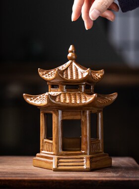 六角凉亭茶宠摆件精品高档陶瓷家居摆件茶玩茶桌茶台装饰茶具配件