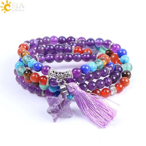 Natural Crystal Amethyst Bead String Brlet Merkaba Tassel Br