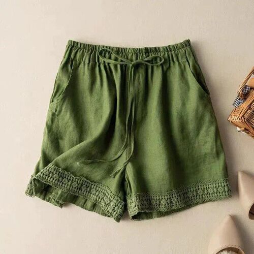 Summer Linen Casual Pants High Waist Retro Lace Trim Cotton