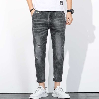 Ripped Jeans Mens Cropped Pants Slim-fit Summer Thin tendy