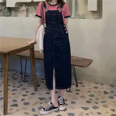 Denim strap dress, retro split design, niche denim dress, wo