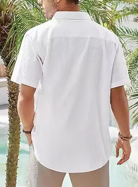 2024 Summer Men Cotton Linen Short Sleeve Tops Casual Shirt