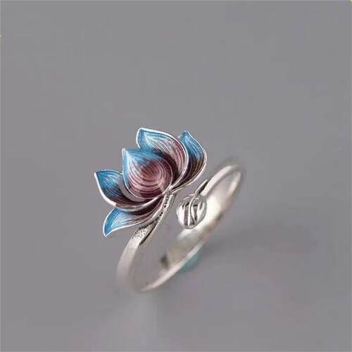 Vintage Silver Plated Blue Lotus Flower Rings For Men Women