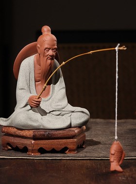 微景观摆件大号姜太公钓鱼渔翁老头陶瓷人物假山盆景造景鱼缸装饰