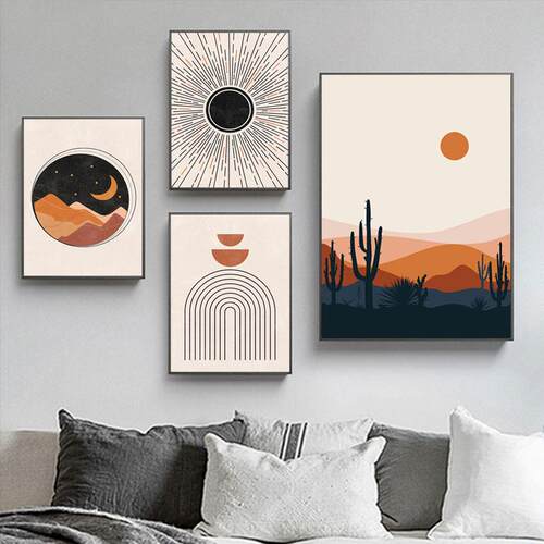 Abstract Vintage Poster Sun and Moon Canvas Painting Rainbow