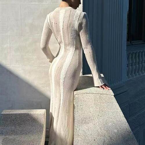Women See Through Knit Dress Long Sleeve O-Neck Bodycon Knit