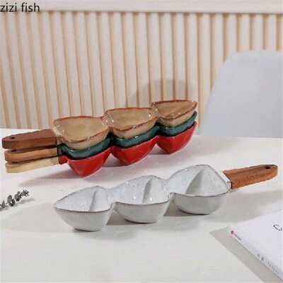 Wooden Handle 3-grid Ceramic Bowl Snack Bowls Dried Fruit