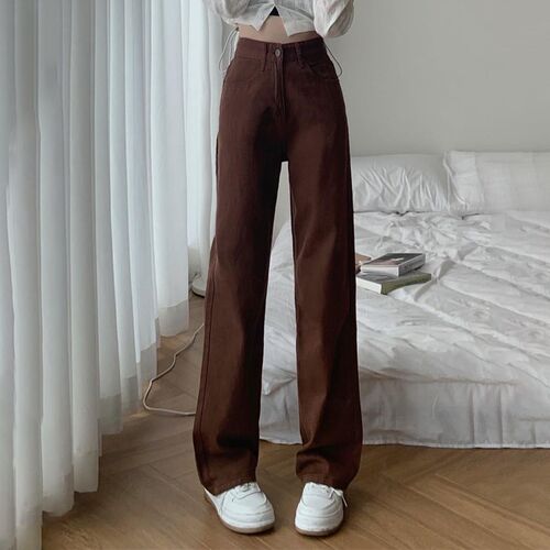 Summer Women Brown Jeans High Waist Loose Straight Wide Leg