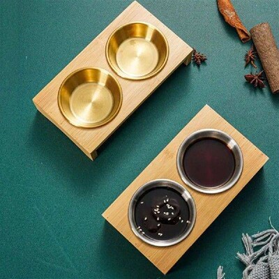 Stainless Steel Seasoning Dish Bamboo Holder 2/3 Grids