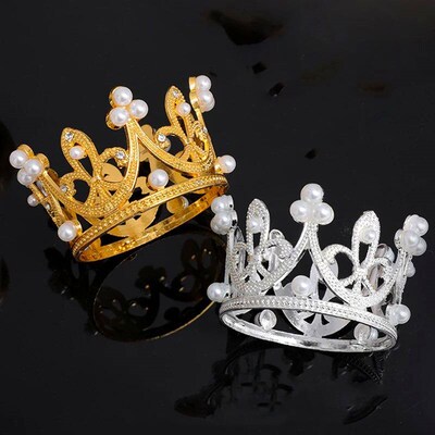 Mini Crown Cake Topper Elegant Princess Pearl Tiara Ornament