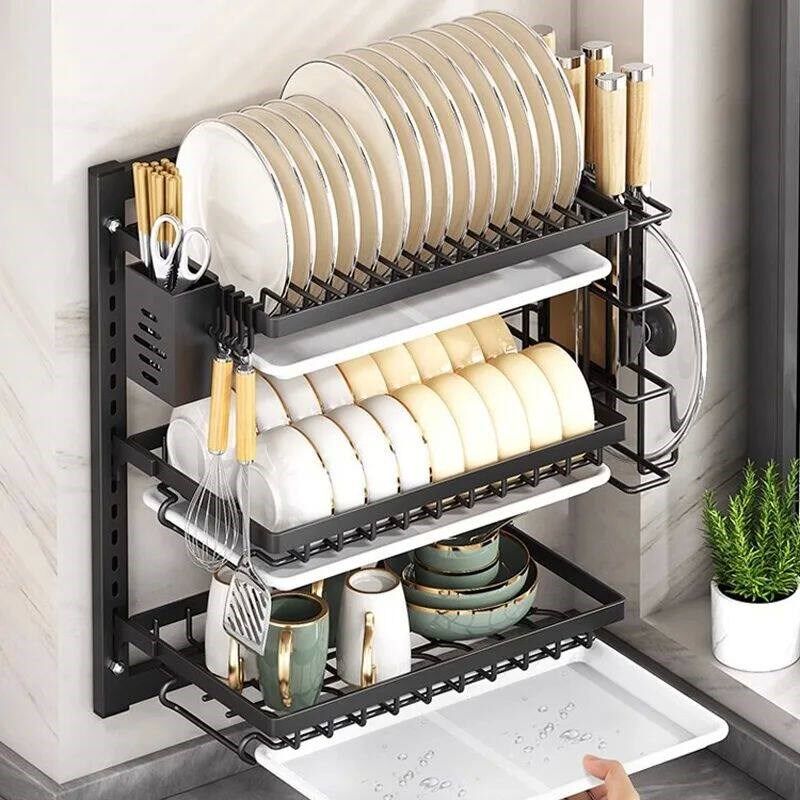 2 Layer Kitchen Dish Rack Wall Mounted Multifunctional Stora
