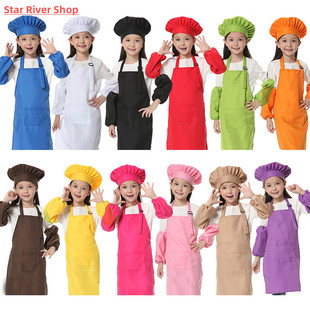 Child Apron Kids Sleeve Hat Pocket Kindergarten Kitchen Baki