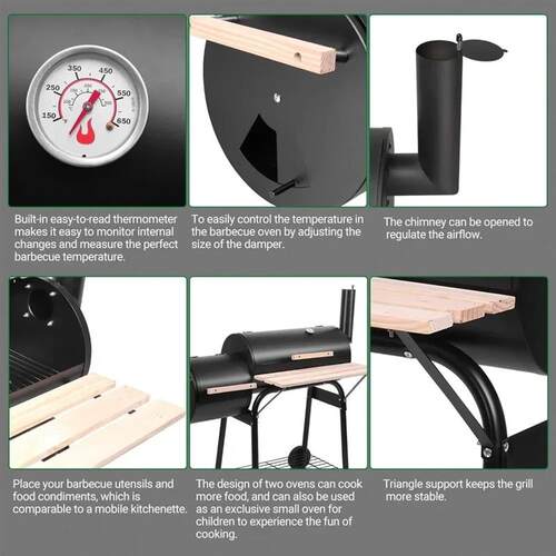 Charcoal Grill and Offset Smoker, Outdoor Patio Barbecue Coo