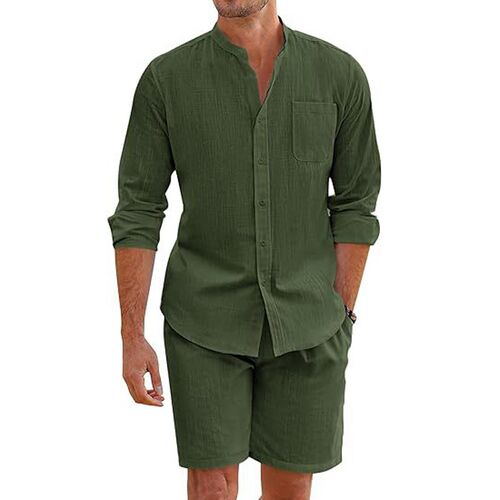 Cotton Linen Long Sleeve Shirt + Shorts Summer Men Two-Piece