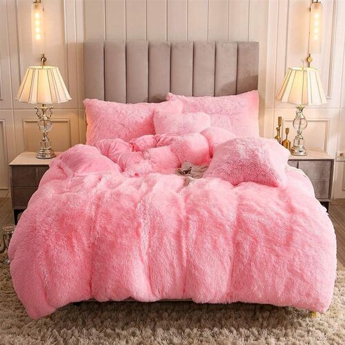 Nordic Pure Color Plush Shaggy Duvet Cover Set With Pillow C