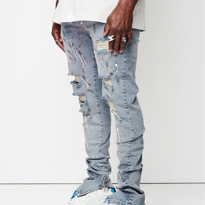 New Design Men Jeans Man paint Slim Fit Cotton Ripped Denim
