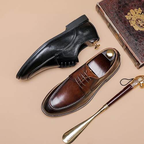 Mens Leather Shoes 夏季手工真皮复古英伦皮鞋一脚蹬休闲包鞋