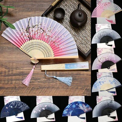 Vintage Silk Folding Fan Chinese Japanese Art Crafts Gift Ho
