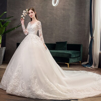 2023 New Vintage O Neck Full Sleeve Wedding Dress Illusion S