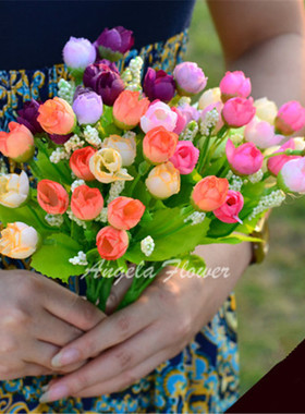 Autumn 15 Heads/Bouquet Small Bud Roses Bract Silk Artificia