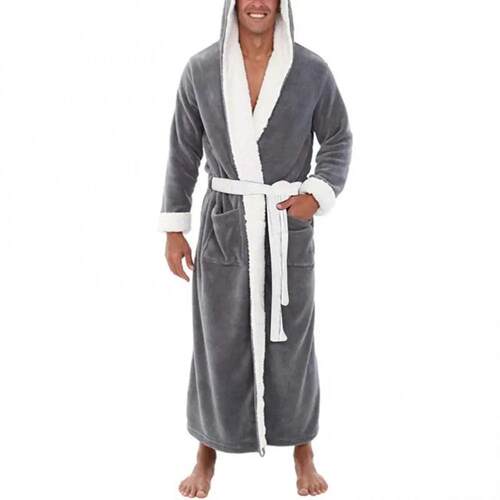 Pockets Sleepwear Soft Men Coral Fleece Color Block Long Bat