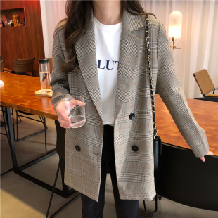 Office Ladies Notched Collar Plaid Women Blazer Double Breas