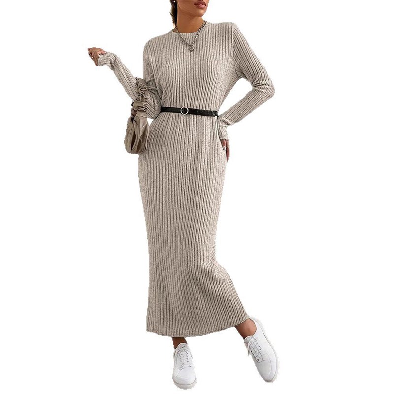 Dress Casual Round Neck Knitted Long Skirt Women Long Sleeve图片