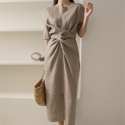 PXT dress womens summer new waist slimming elegant linen sk