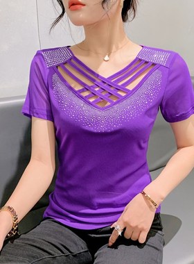 2023 Summer Mesh Tops Korean Fashion Cross Hollow out Shirt