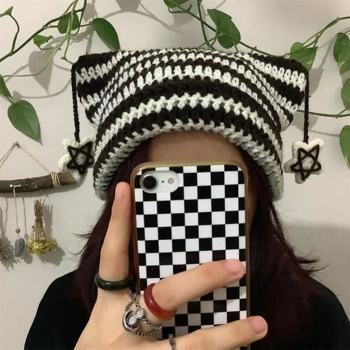 Crochet Stripe Pattern Handmade Cat Ear Hat Soft Winter Warm