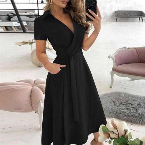Summer Womens A-Line Dress Fashion Elegant Solid V-neck