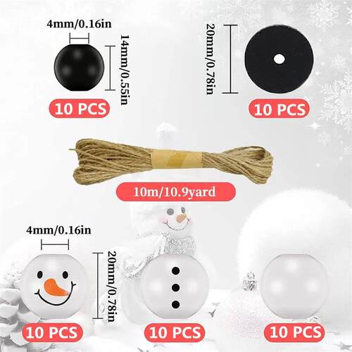 50pcs/100pcs Christmas Snowman Wooden Beads With Jute Twine