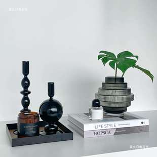 样板间茶几简约现代家居软装饰品摆件花玻璃烛台组合3354