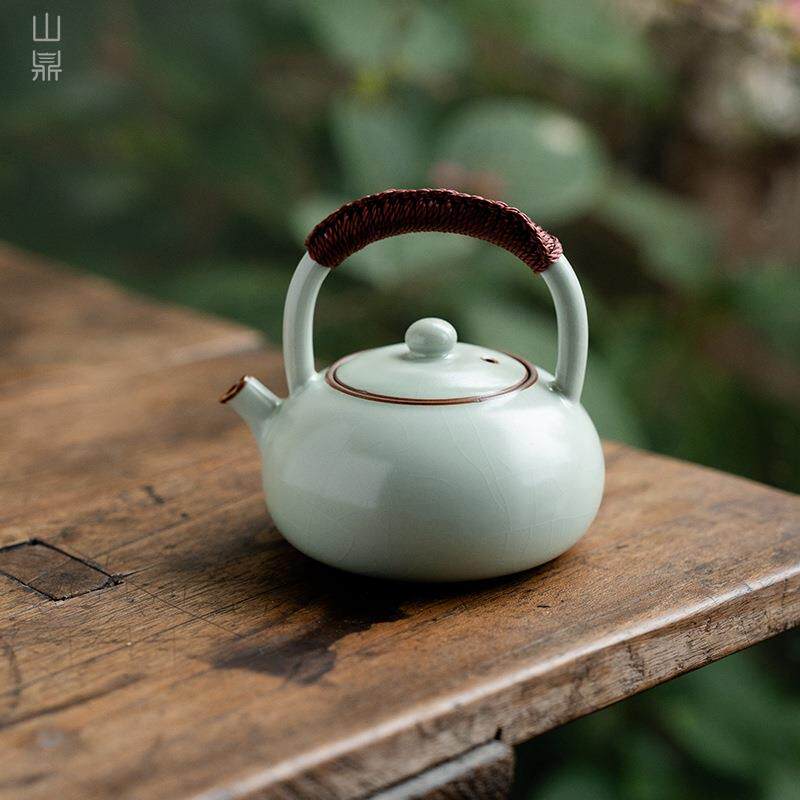 天青汝窑开片茶壶家用陶瓷泡茶壶中式高档瓷柄提梁壶编绳功夫单壶