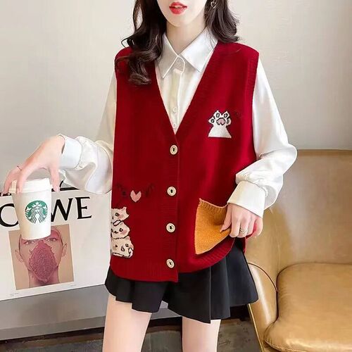 2024 Sweater Vest For Women Vintage Cartoon Print Knitted Ve